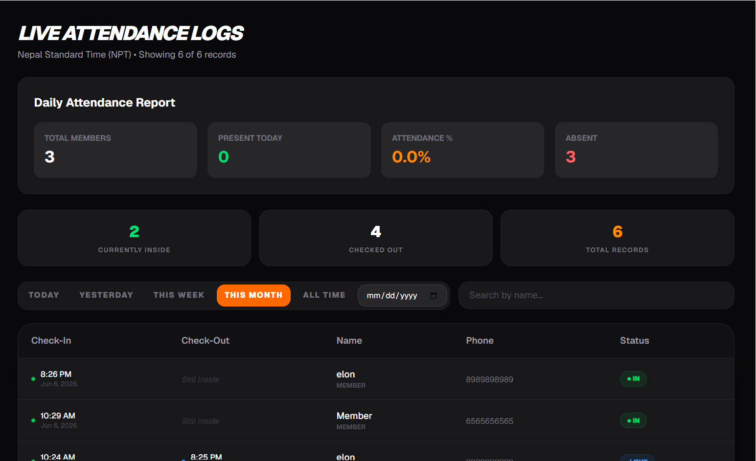 Sudridha attendance dashboard screenshot